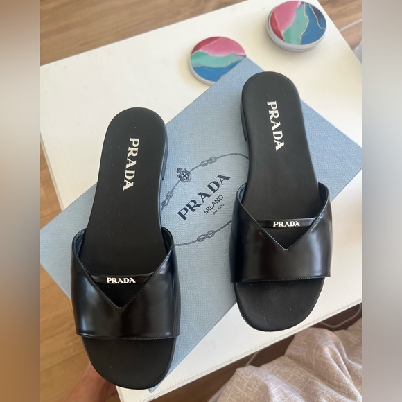 Prada Shoes - Prada Women's Elegant Black Triangle Logo Slide Sandals-38.5
